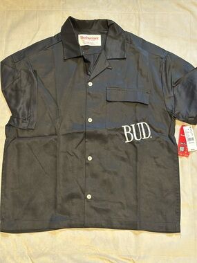Budweiser Black Short-Sleeve Button-Down Shirt with BUD. Chest Logo